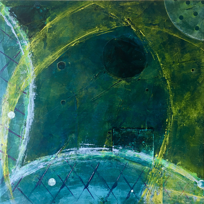 serie 2: 6. Lotus “Lotus touches bottom” 50x50cm 2 pages of a book, acrylic paint with brush, tape and pallet knife on cotton canvas