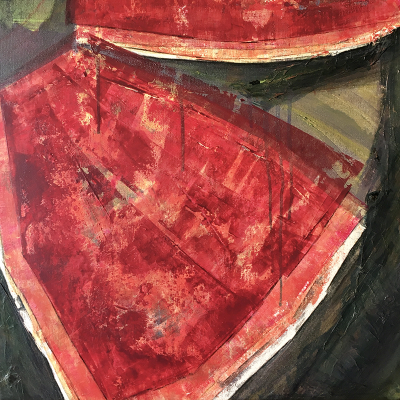 serie 2: 1. Poppy “Poppy tries to levitate” 50x50cm Acrylic, paper and bitumen with brush and pallet knife on cotton canvas